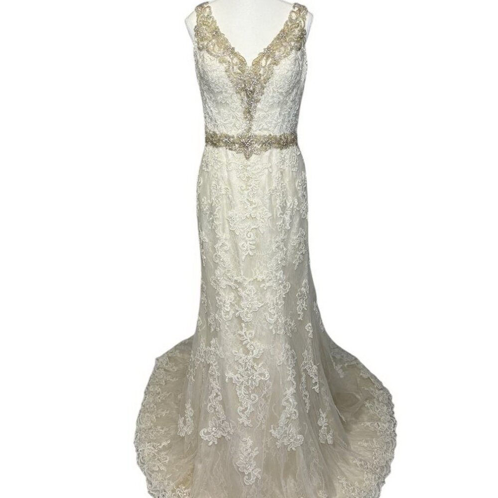 Justin Alexander Light Gold/Silver Lace Beaded Illusion Back Gown